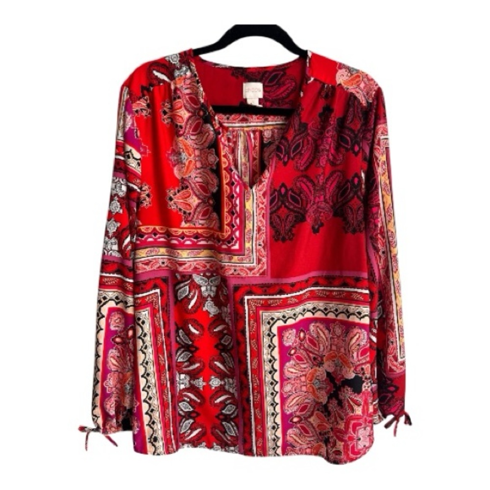 Chico's Red Multicolor Patchwork Paisley Peasant Blouse
